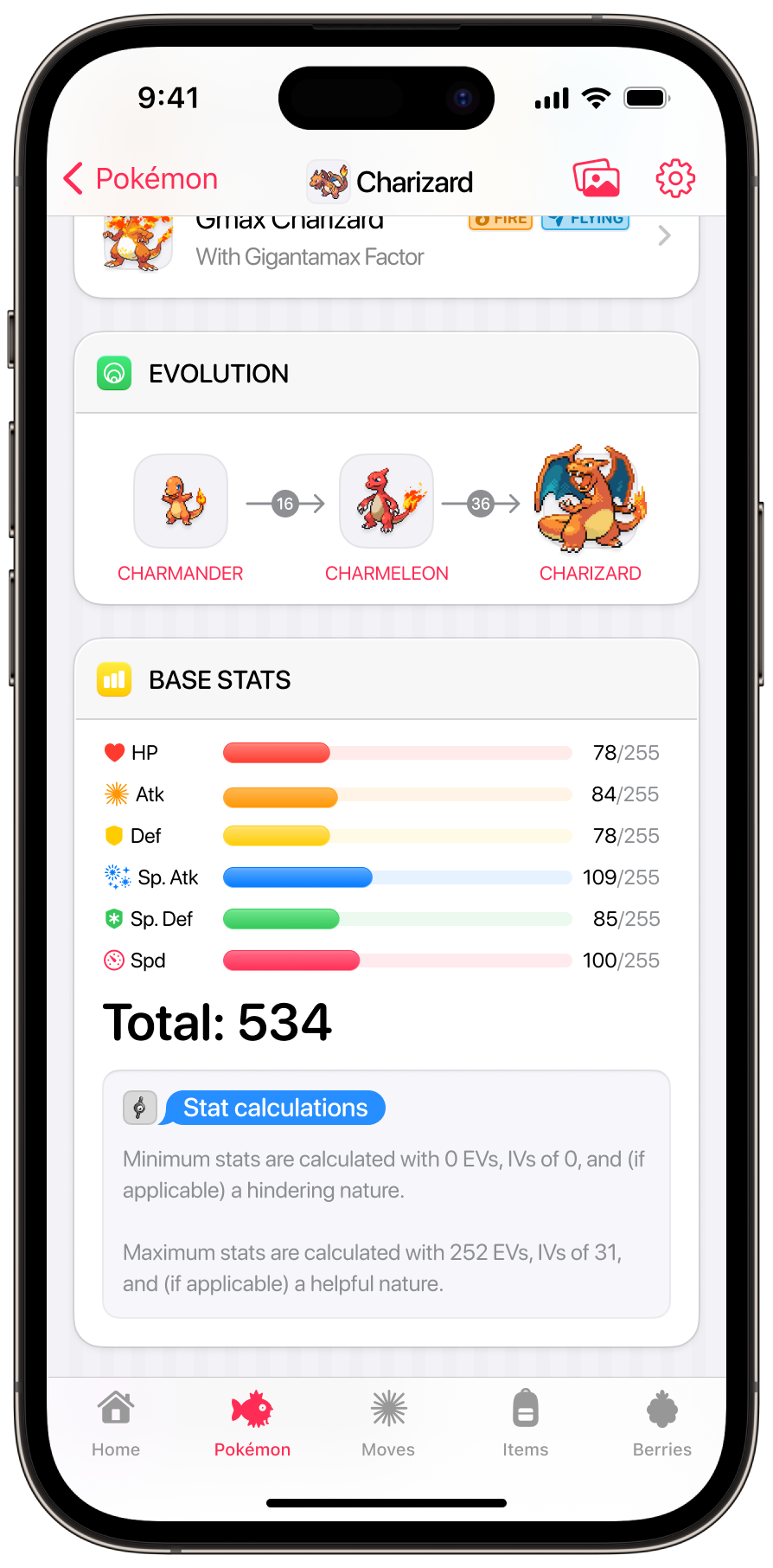 A UI design showing the detail view for the Pokémon® Charizard