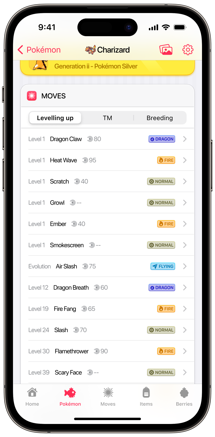 A UI design showing the detail view for the Pokémon® Charizard