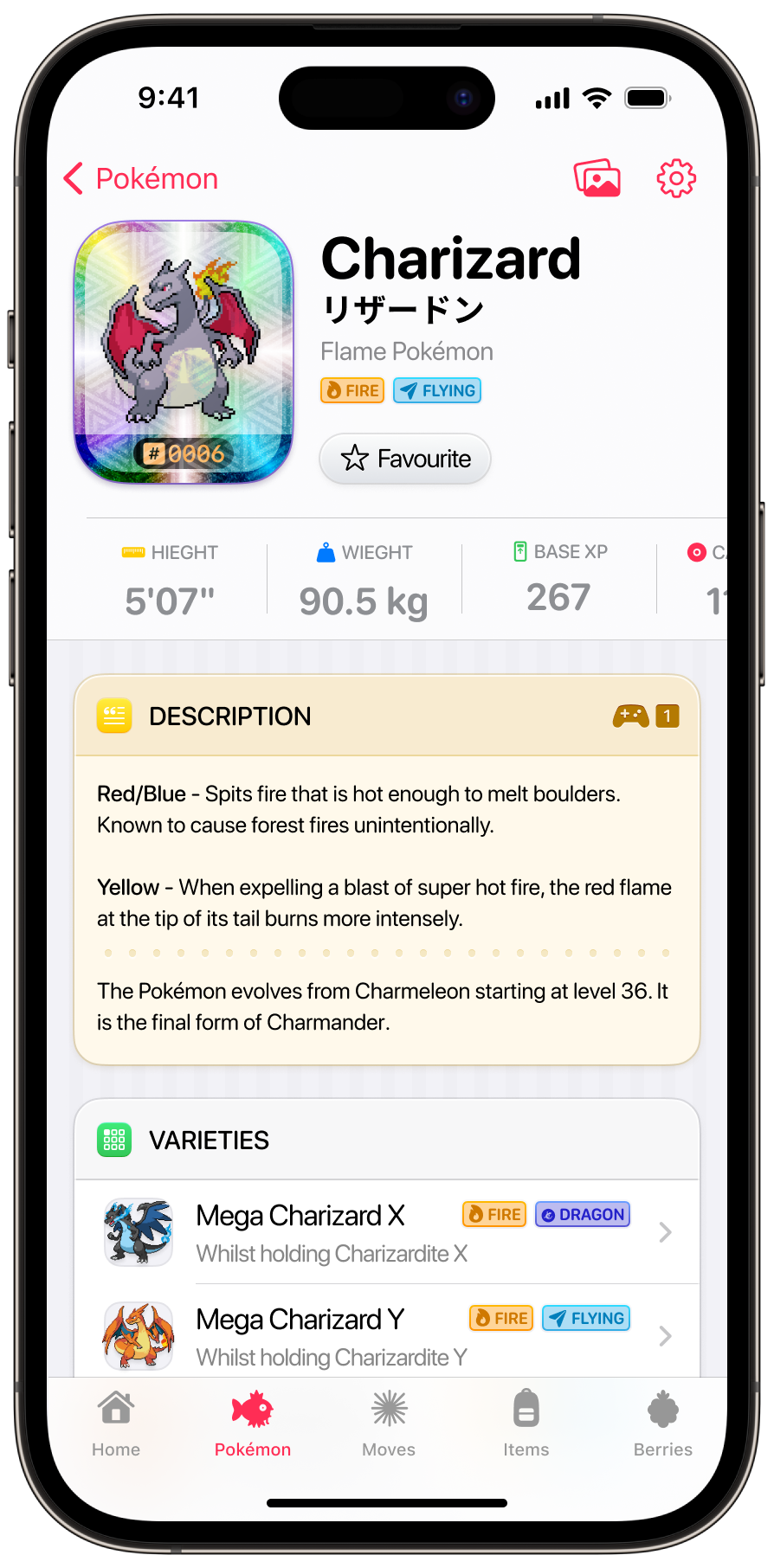 A UI design showing the detail view for the Pokémon® Charizard