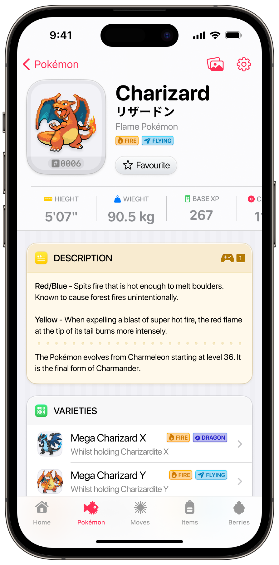 A UI design showing the detail view for the Pokémon® Charizard