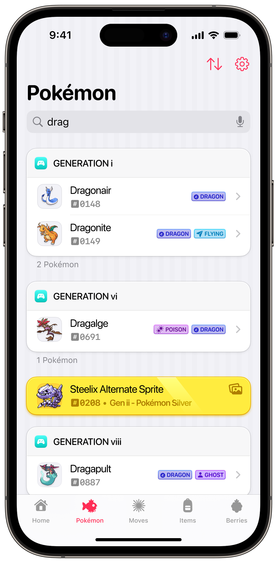 A UI design showing the detail view for the Pokémon® Charizard