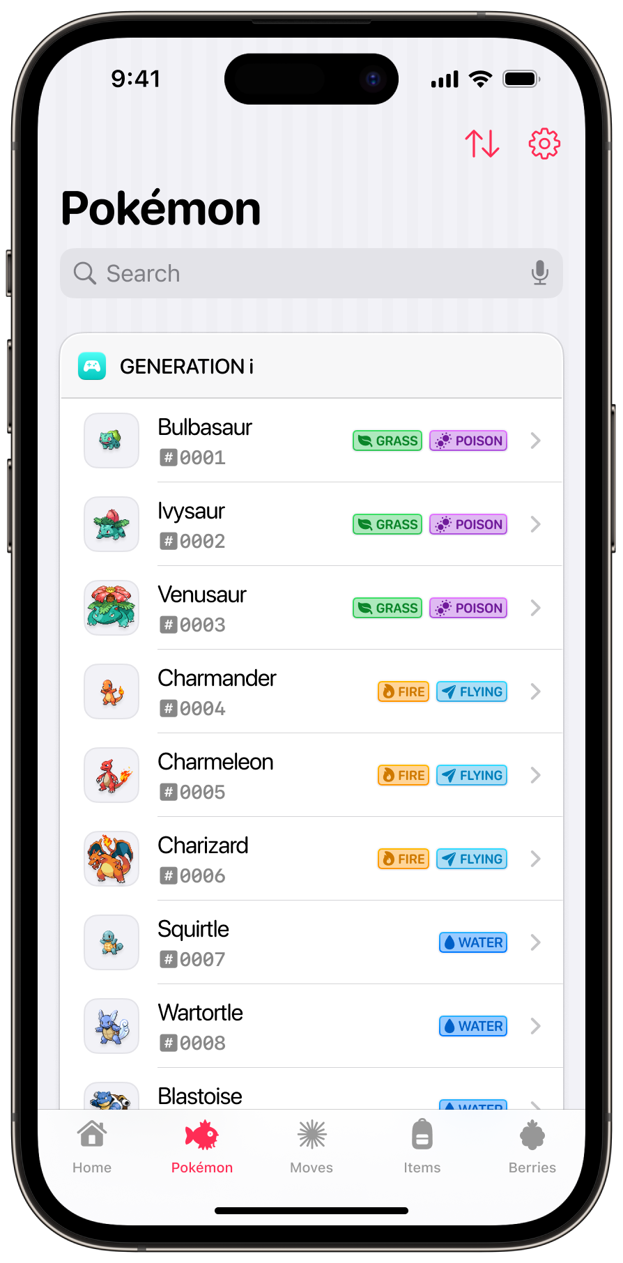 A UI design showing the detail view for the Pokémon® Charizard