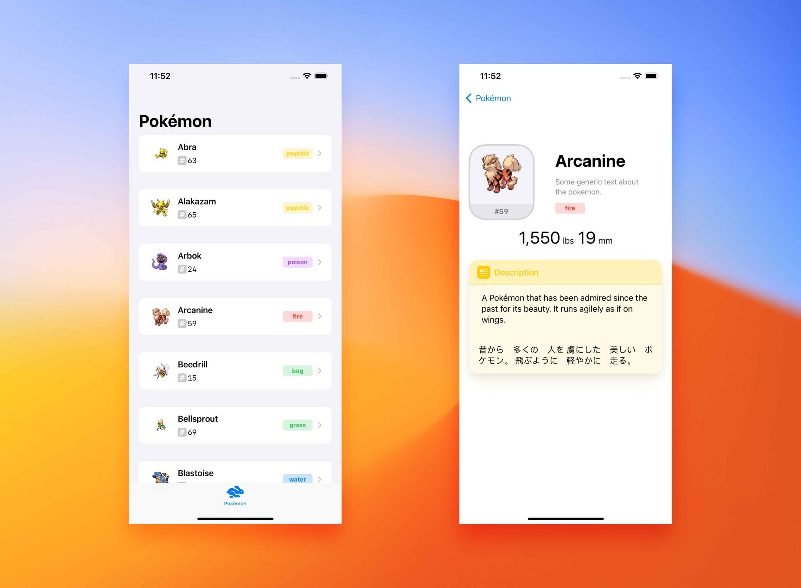 A UI design showing the detail view for the Pokémon® Charizard